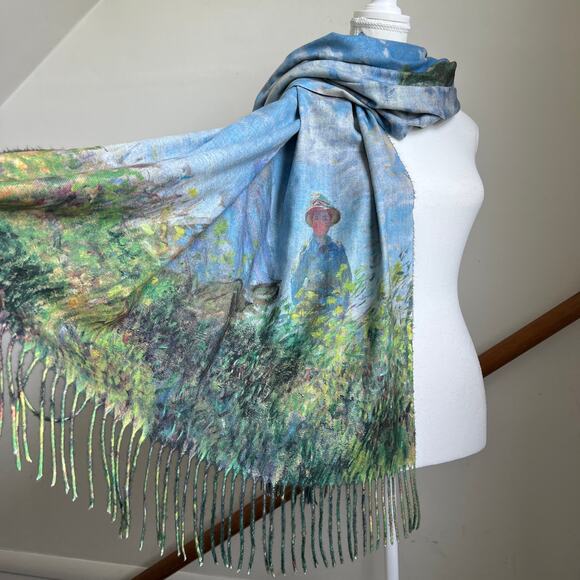 Monet Woman With A Parisol Painting Watercolor Printed Artsy Scarf Shawl Wrap - Picture 3 of 10